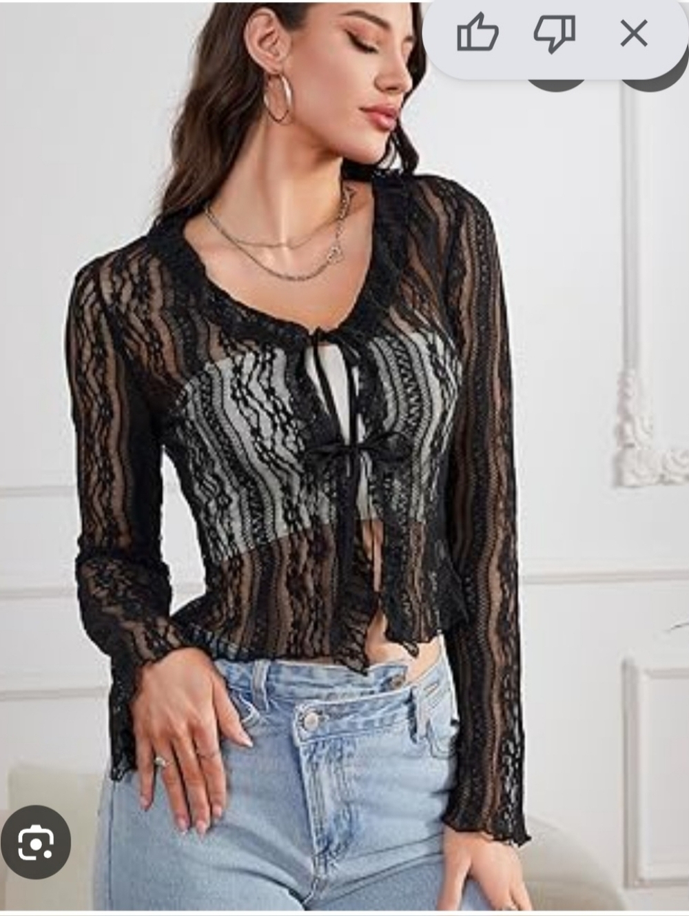 Black Lace Tie-Front Sheer Top No brand, no labels.